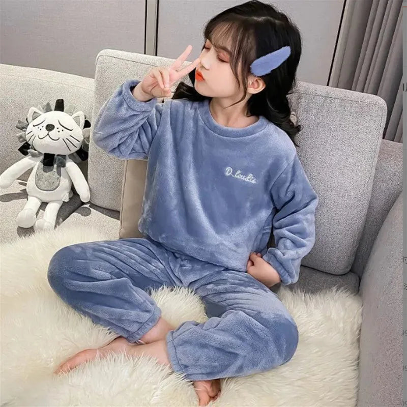 New Fall and Winter Children&#39;s Pajamas Coral Velvet Boys and Girls Thickened Warm Clothes Suit Parent-Child Home Wear Pajamas