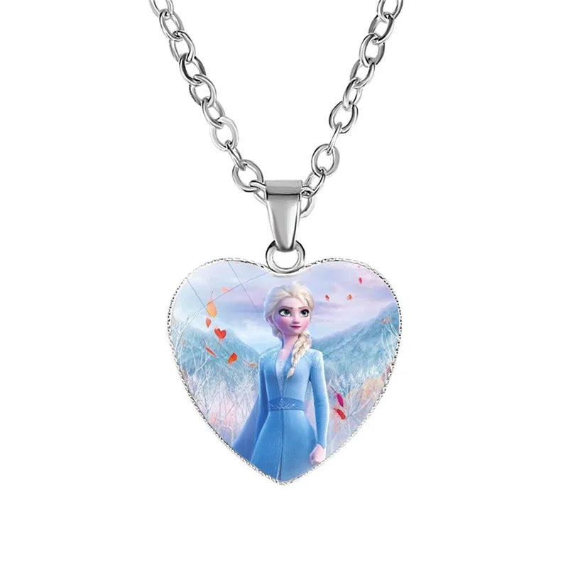 Disney Frozen Moana Tangled Aladdin Necklace Love Heart Shape Pendant Girl Cartoon Anime Figures Princess Accessories Kids Gifts