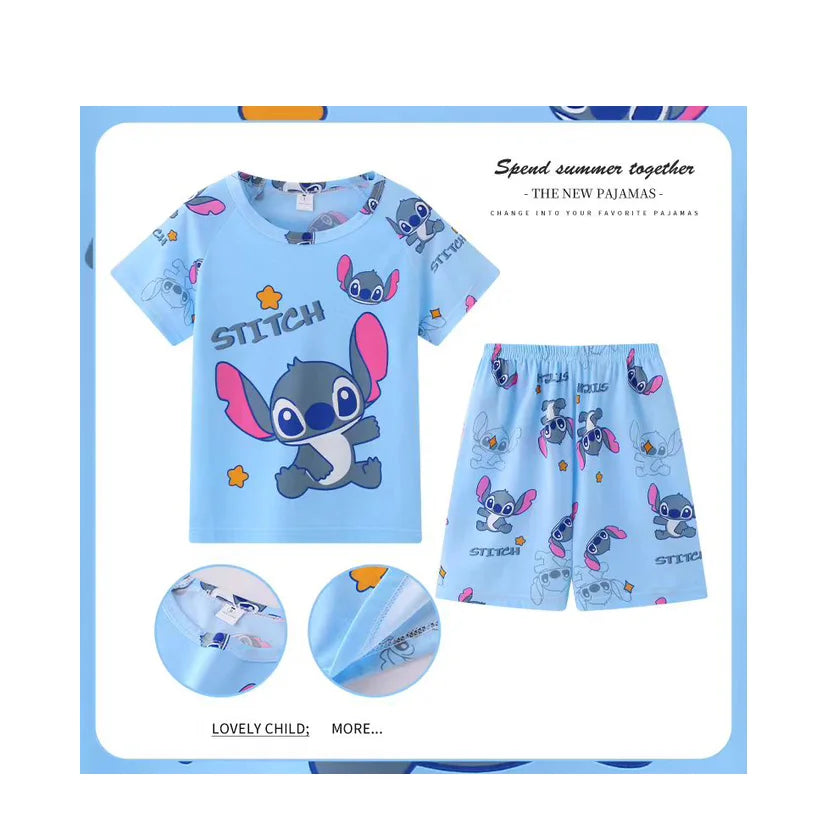 New Children Clothing Summer Winnie Bear Boys Girls Kids Clothing Sets Stitch Cartoon Suit Mikey Kid Sleepwear Short Sleeve
