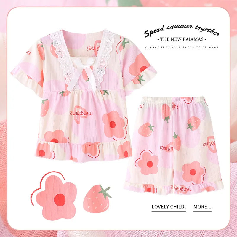 New Summer Children&#39;s Clothing Sets Sleepwear Girl LinaBell Short sleeved Pants Clothes Kids Lace Pajamas Set Baby Girls Pyjamas