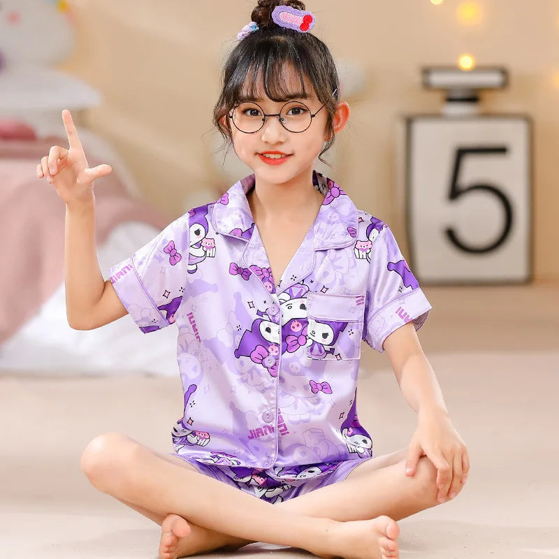 New Kids Pajama Girl Ice Silk Short Sleeve Cardigan Sweet Children&#39;s Clothing  Long Sleeve Tops Pants Sleepwear Pyjama Clothes