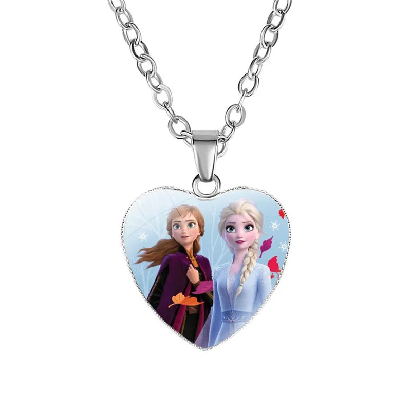 Disney Frozen Moana Tangled Aladdin Necklace Love Heart Shape Pendant Girl Cartoon Anime Figures Princess Accessories Kids Gifts