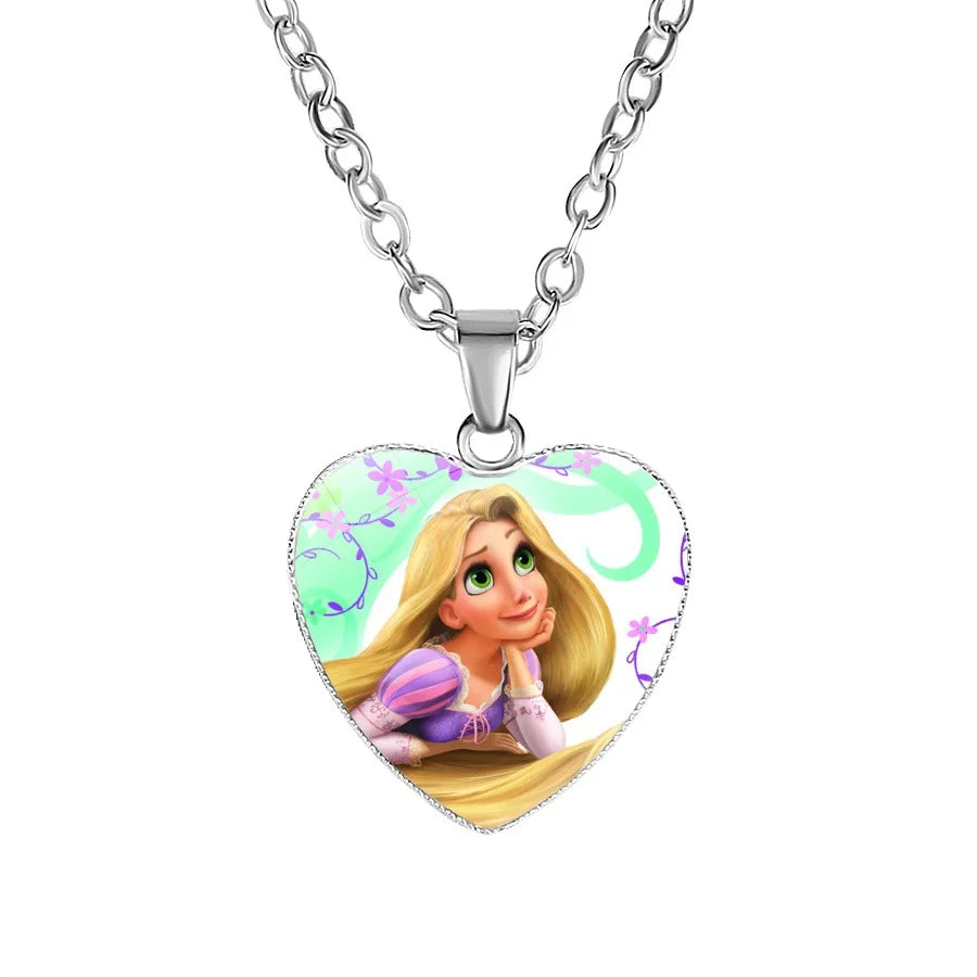 Disney Frozen Moana Tangled Aladdin Necklace Love Heart Shape Pendant Girl Cartoon Anime Figures Princess Accessories Kids Gifts