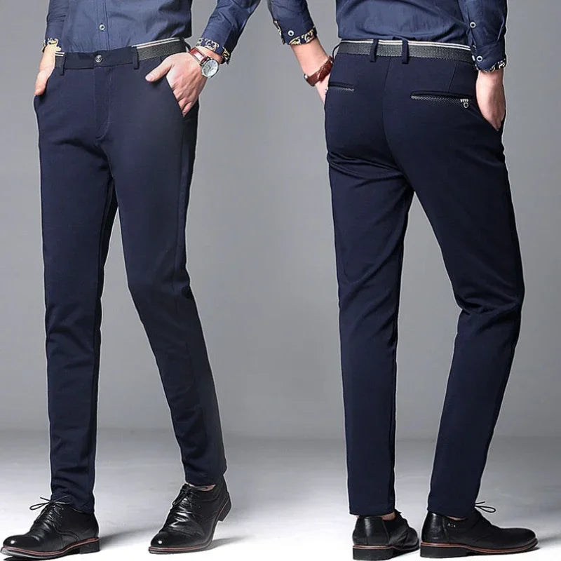 Men&#39;s Dress Pants Anti-Wrinkle High Elastic Slim Fit Casual Suit Pants Male Straight Slim Fit Formal Pencil Trousers Black Blue