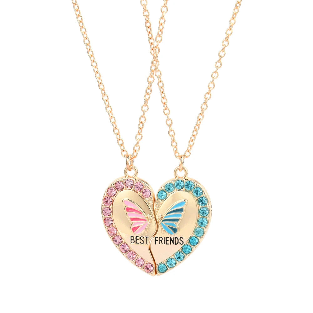 Lovecryst 2Pcs/set Delicate Rhinestone Butterfly Heart Best Friend Necklace BFF Friendship Jewelry Gifts for Kids
