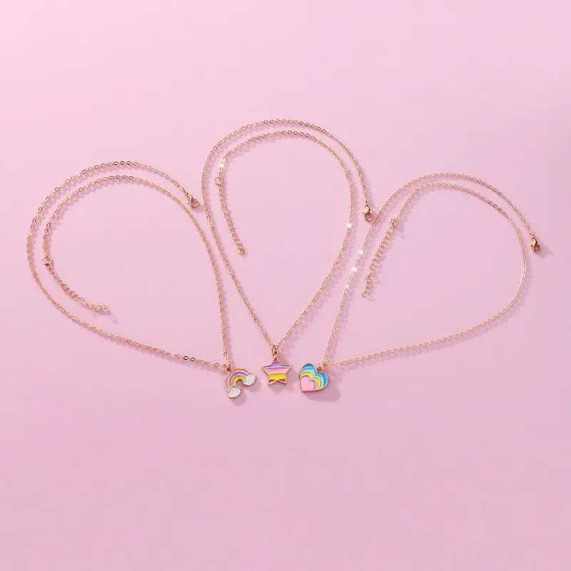 Lovecryst 3Pcs/set Rainbow Five-pointed Star Heart-shaped Alloy Best Friend Necklace for Kids Girls Fashion Friendship Gifts