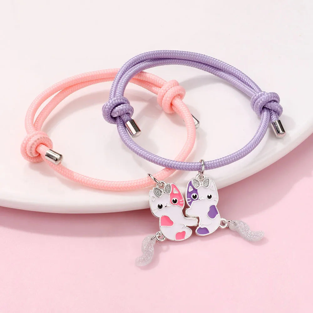 Luoluo&amp;baby 2Pcs/set Cartoon Magnet Cats Alloy Best Friend Bracelet BFF Friendship Jewelry Gifts for Kids