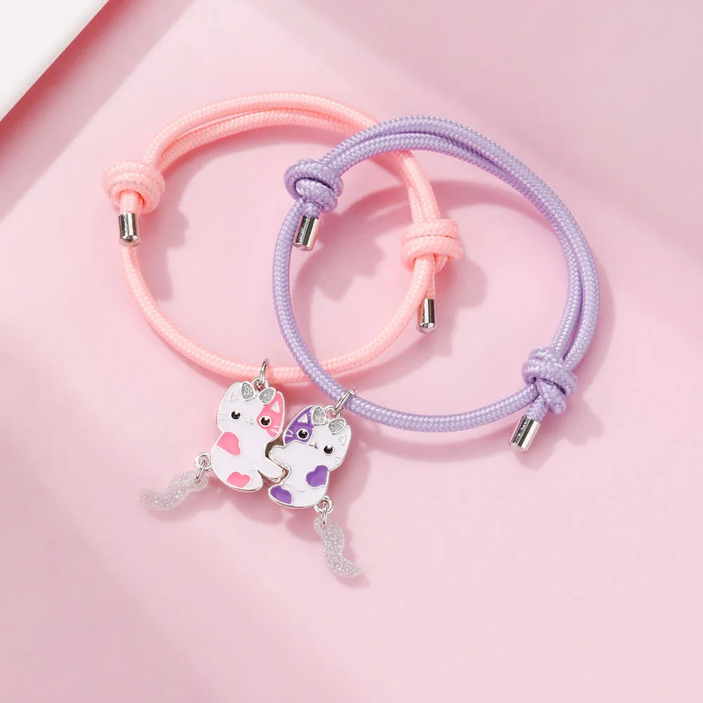 Luoluo&amp;baby 2Pcs/set Cartoon Magnet Cats Alloy Best Friend Bracelet BFF Friendship Jewelry Gifts for Kids
