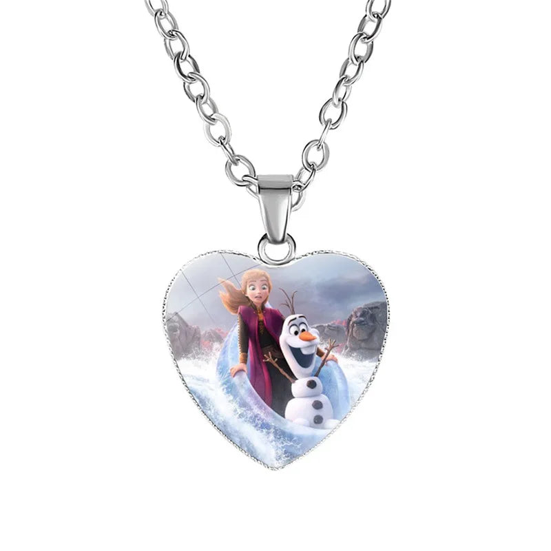 Disney Frozen Moana Tangled Aladdin Necklace Love Heart Shape Pendant Girl Cartoon Anime Figures Princess Accessories Kids Gifts