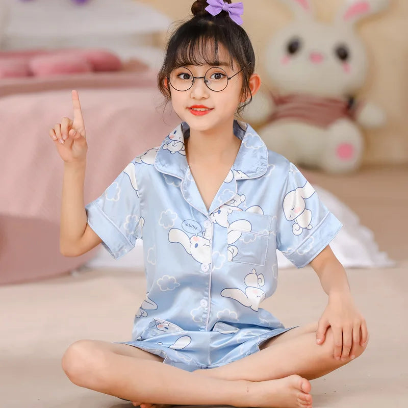 New Kids Pajama Girl Ice Silk Short Sleeve Cardigan Sweet Children&#39;s Clothing  Long Sleeve Tops Pants Sleepwear Pyjama Clothes