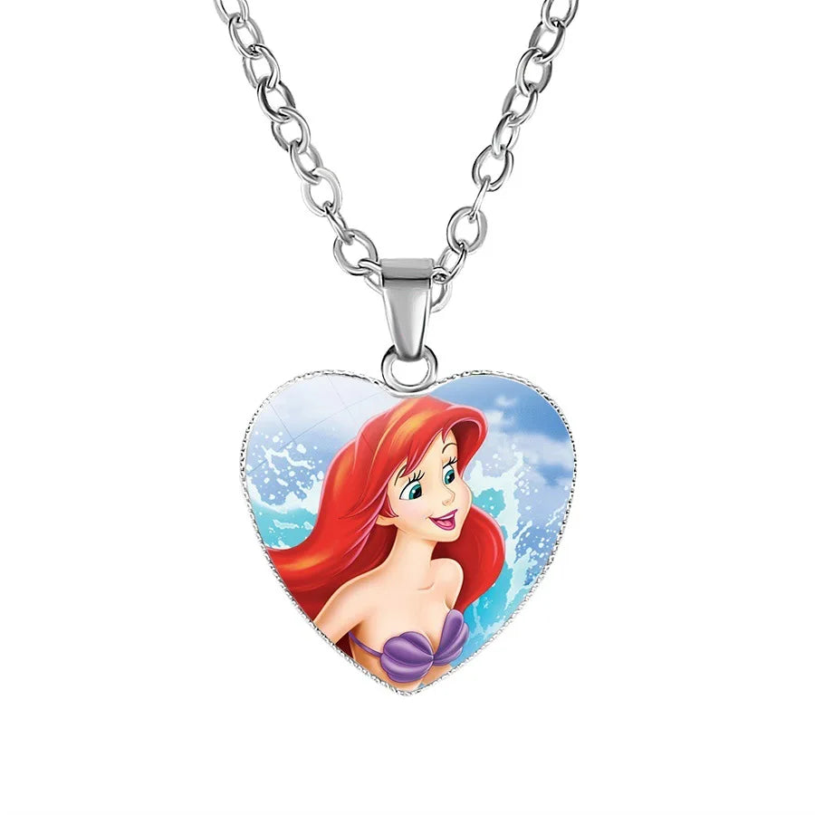 Disney Frozen Moana Tangled Aladdin Necklace Love Heart Shape Pendant Girl Cartoon Anime Figures Princess Accessories Kids Gifts