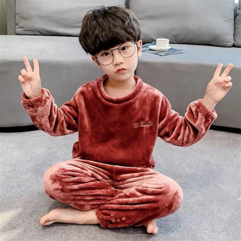 New Fall and Winter Children&#39;s Pajamas Coral Velvet Boys and Girls Thickened Warm Clothes Suit Parent-Child Home Wear Pajamas