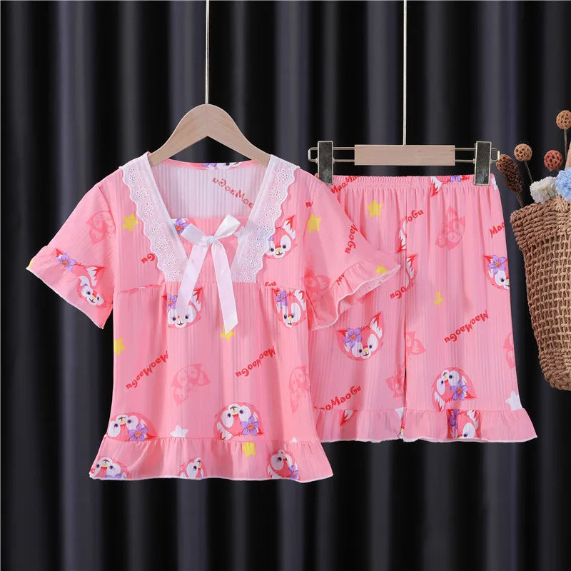 New Summer Children&#39;s Clothing Sets Sleepwear Girl LinaBell Short sleeved Pants Clothes Kids Lace Pajamas Set Baby Girls Pyjamas