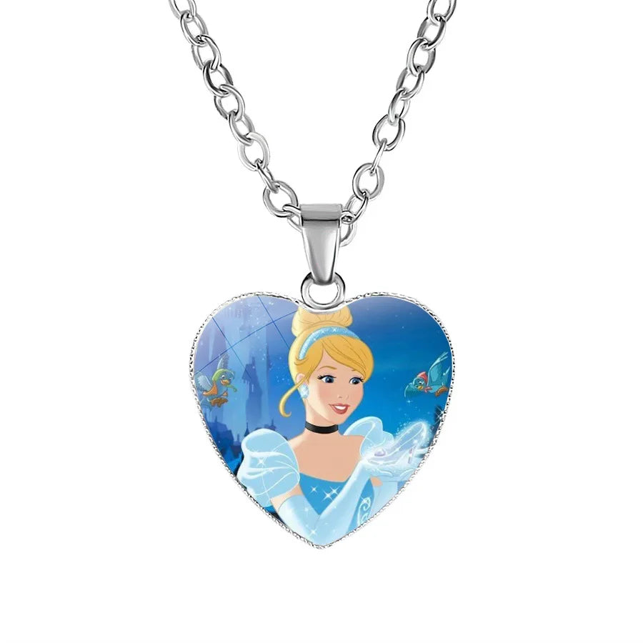 Disney Frozen Moana Tangled Aladdin Necklace Love Heart Shape Pendant Girl Cartoon Anime Figures Princess Accessories Kids Gifts