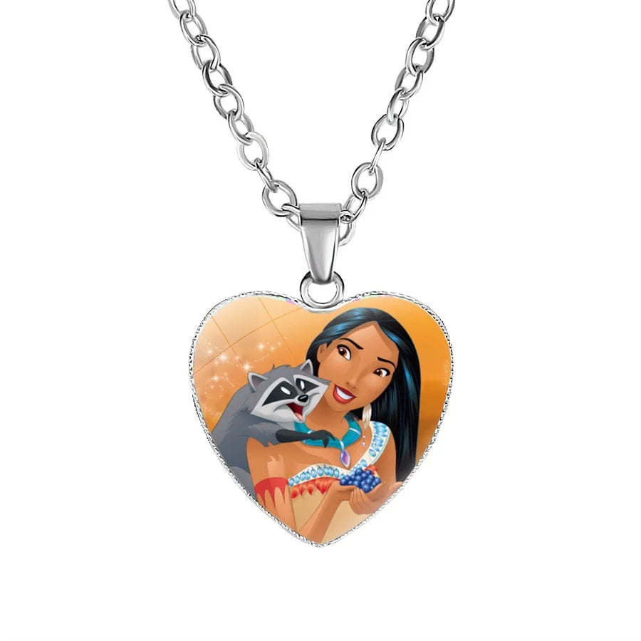 Disney Frozen Moana Tangled Aladdin Necklace Love Heart Shape Pendant Girl Cartoon Anime Figures Princess Accessories Kids Gifts
