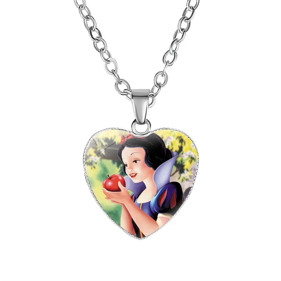 Disney Frozen Moana Tangled Aladdin Necklace Love Heart Shape Pendant Girl Cartoon Anime Figures Princess Accessories Kids Gifts
