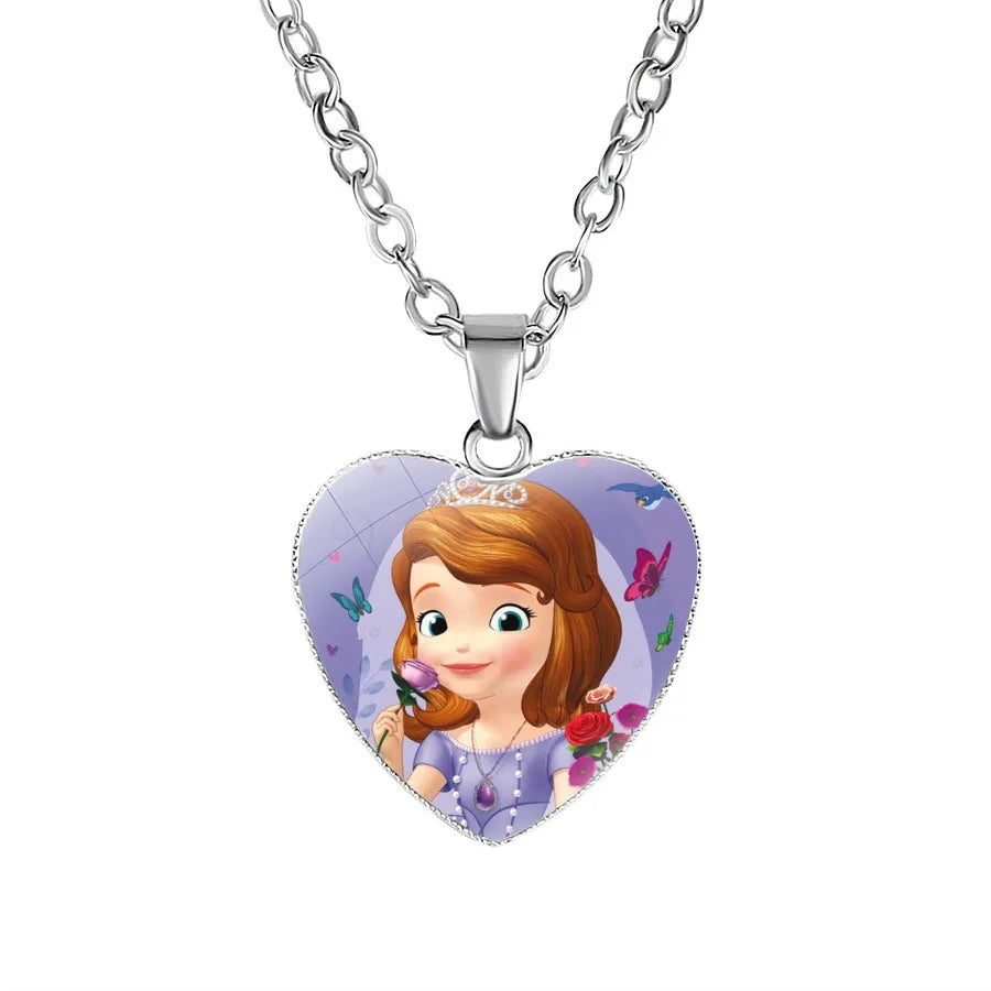 Disney Frozen Moana Tangled Aladdin Necklace Love Heart Shape Pendant Girl Cartoon Anime Figures Princess Accessories Kids Gifts