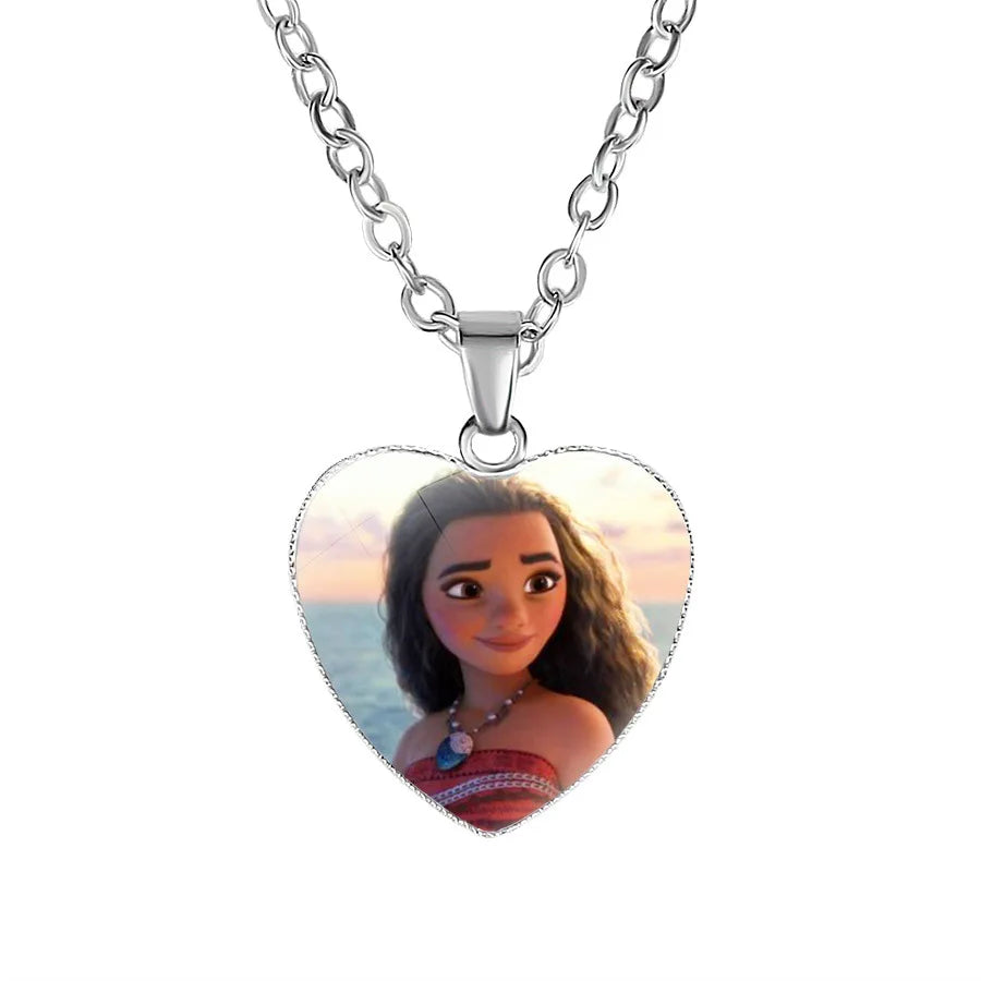 Disney Frozen Moana Tangled Aladdin Necklace Love Heart Shape Pendant Girl Cartoon Anime Figures Princess Accessories Kids Gifts