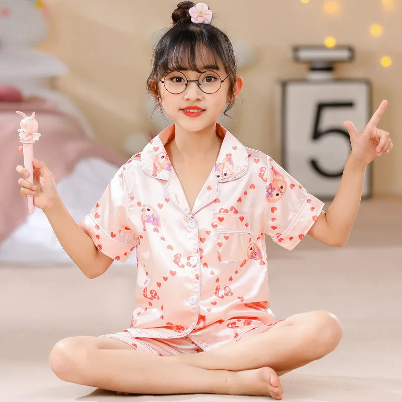 New Kids Pajama Girl Ice Silk Short Sleeve Cardigan Sweet Children&#39;s Clothing  Long Sleeve Tops Pants Sleepwear Pyjama Clothes