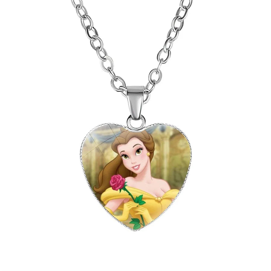 Disney Frozen Moana Tangled Aladdin Necklace Love Heart Shape Pendant Girl Cartoon Anime Figures Princess Accessories Kids Gifts