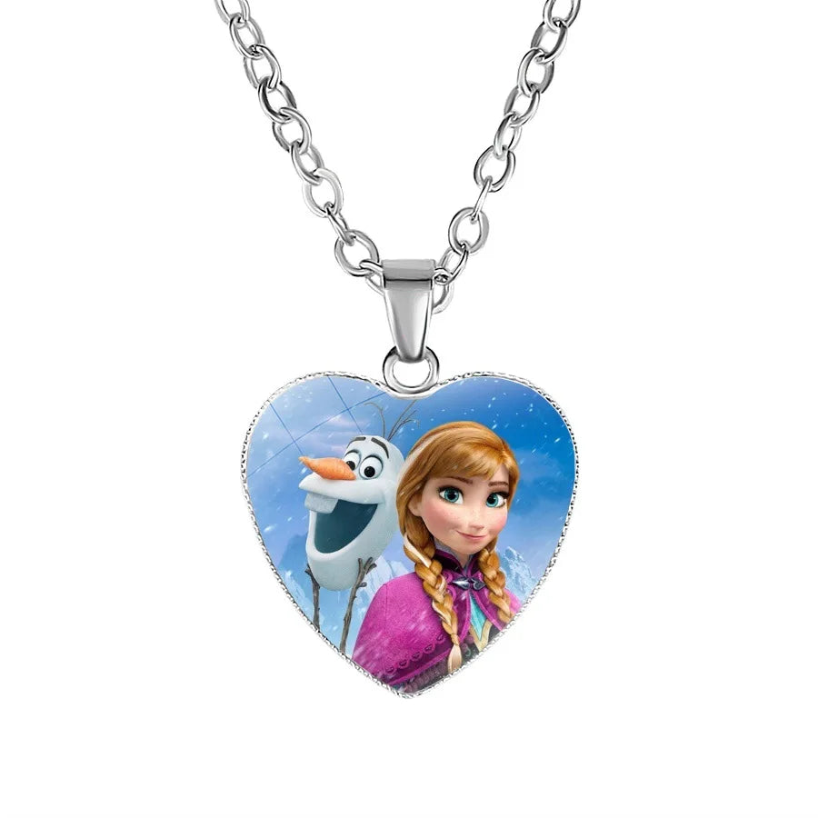 Disney Frozen Moana Tangled Aladdin Necklace Love Heart Shape Pendant Girl Cartoon Anime Figures Princess Accessories Kids Gifts