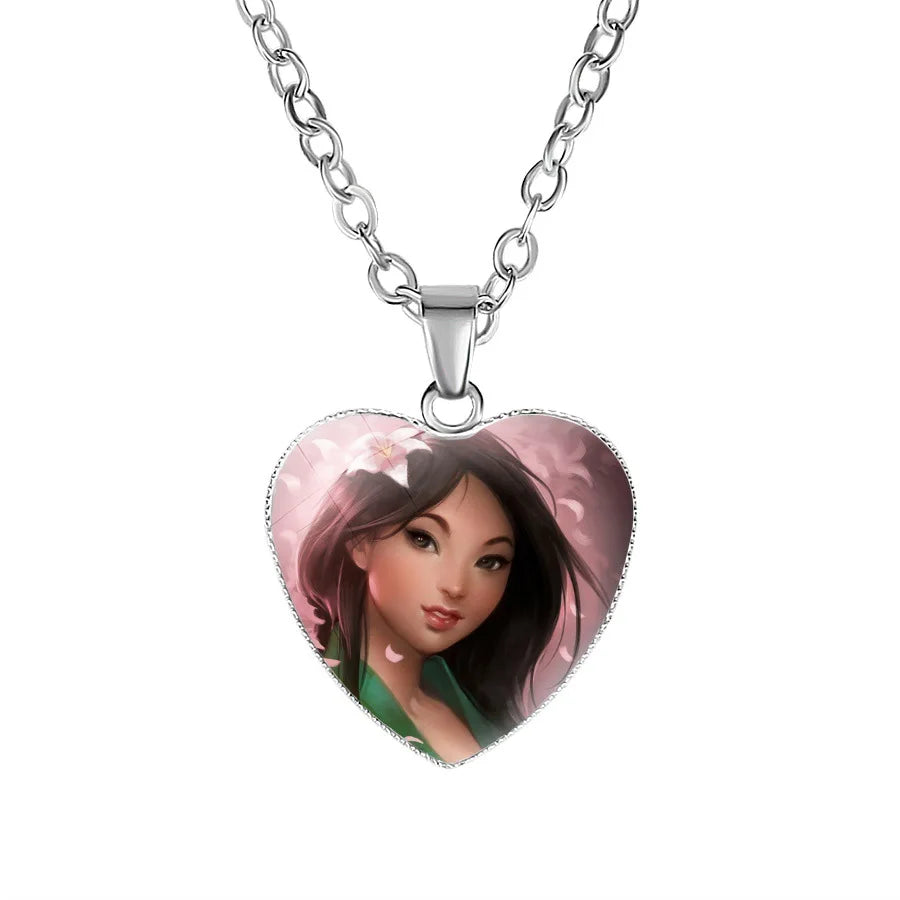 Disney Frozen Moana Tangled Aladdin Necklace Love Heart Shape Pendant Girl Cartoon Anime Figures Princess Accessories Kids Gifts