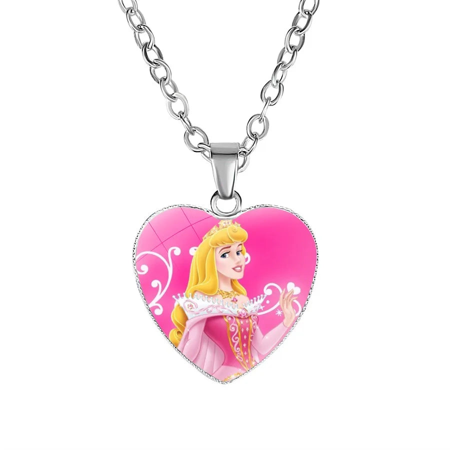 Disney Frozen Moana Tangled Aladdin Necklace Love Heart Shape Pendant Girl Cartoon Anime Figures Princess Accessories Kids Gifts