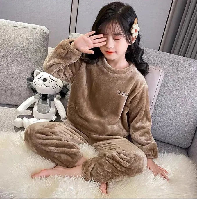 New Fall and Winter Children&#39;s Pajamas Coral Velvet Boys and Girls Thickened Warm Clothes Suit Parent-Child Home Wear Pajamas