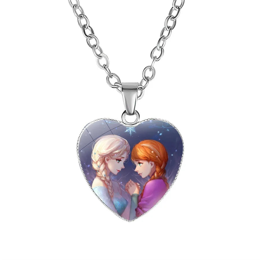 Disney Frozen Moana Tangled Aladdin Necklace Love Heart Shape Pendant Girl Cartoon Anime Figures Princess Accessories Kids Gifts