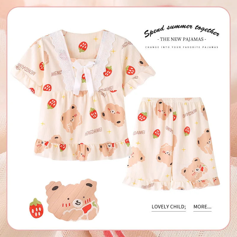 New Summer Children&#39;s Clothing Sets Sleepwear Girl LinaBell Short sleeved Pants Clothes Kids Lace Pajamas Set Baby Girls Pyjamas