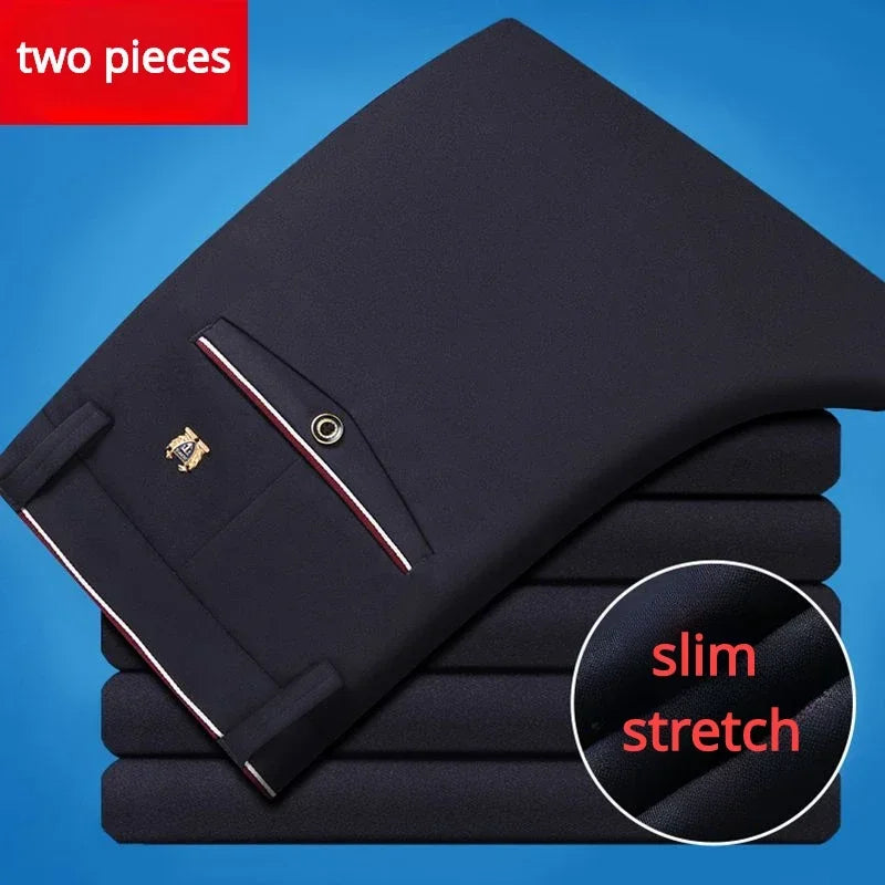 Men&#39;s Dress Pants Anti-Wrinkle High Elastic Slim Fit Casual Suit Pants Male Straight Slim Fit Formal Pencil Trousers Black Blue