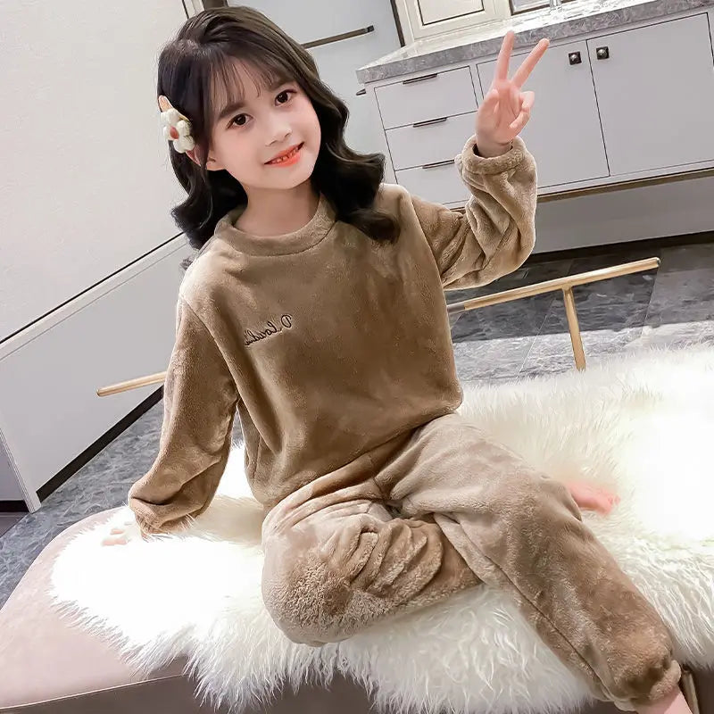 New Fall and Winter Children&#39;s Pajamas Coral Velvet Boys and Girls Thickened Warm Clothes Suit Parent-Child Home Wear Pajamas