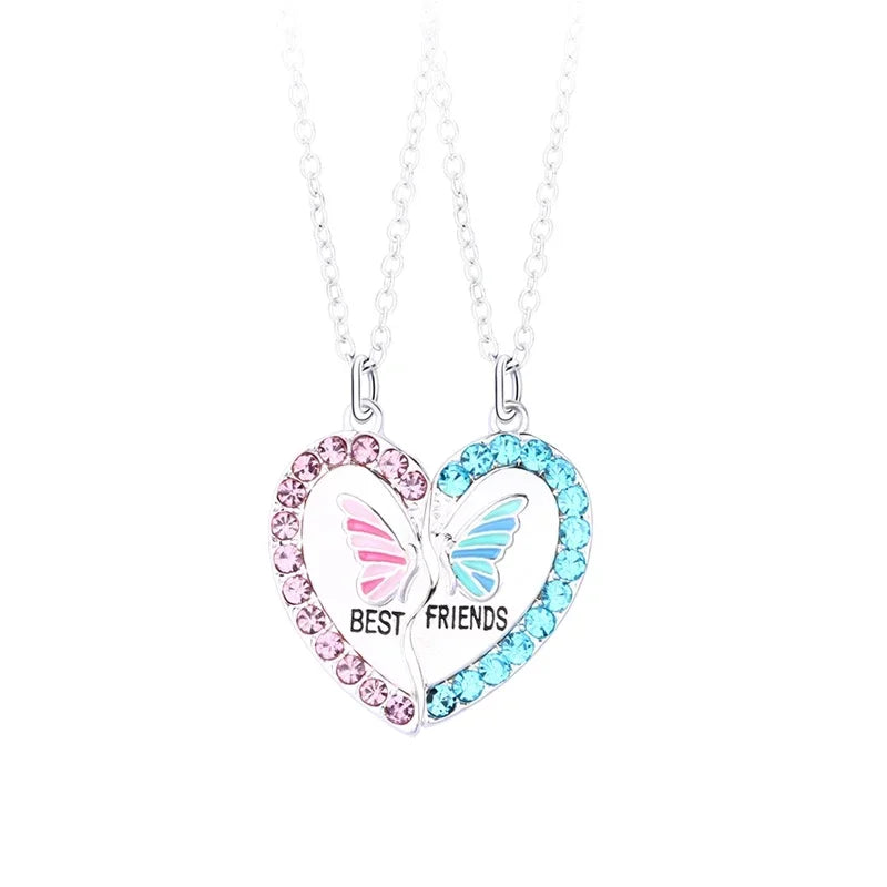 Lovecryst 2Pcs/set Delicate Rhinestone Butterfly Heart Best Friend Necklace BFF Friendship Jewelry Gifts for Kids