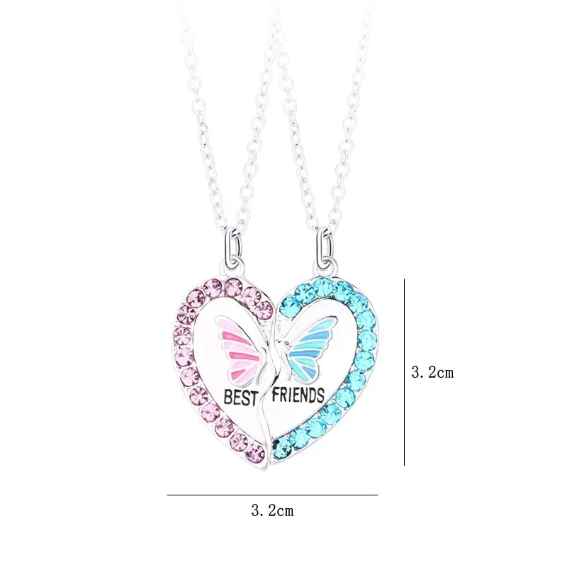 Lovecryst 2Pcs/set Delicate Rhinestone Butterfly Heart Best Friend Necklace BFF Friendship Jewelry Gifts for Kids