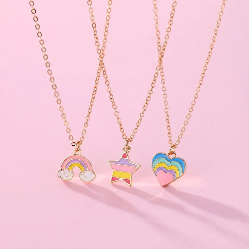 Lovecryst 3Pcs/set Rainbow Five-pointed Star Heart-shaped Alloy Best Friend Necklace for Kids Girls Fashion Friendship Gifts