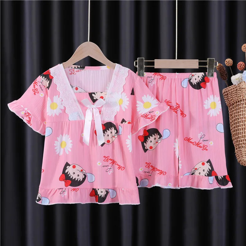 New Summer Children&#39;s Clothing Sets Sleepwear Girl LinaBell Short sleeved Pants Clothes Kids Lace Pajamas Set Baby Girls Pyjamas
