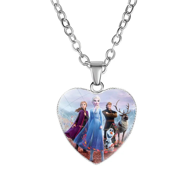Disney Frozen Moana Tangled Aladdin Necklace Love Heart Shape Pendant Girl Cartoon Anime Figures Princess Accessories Kids Gifts