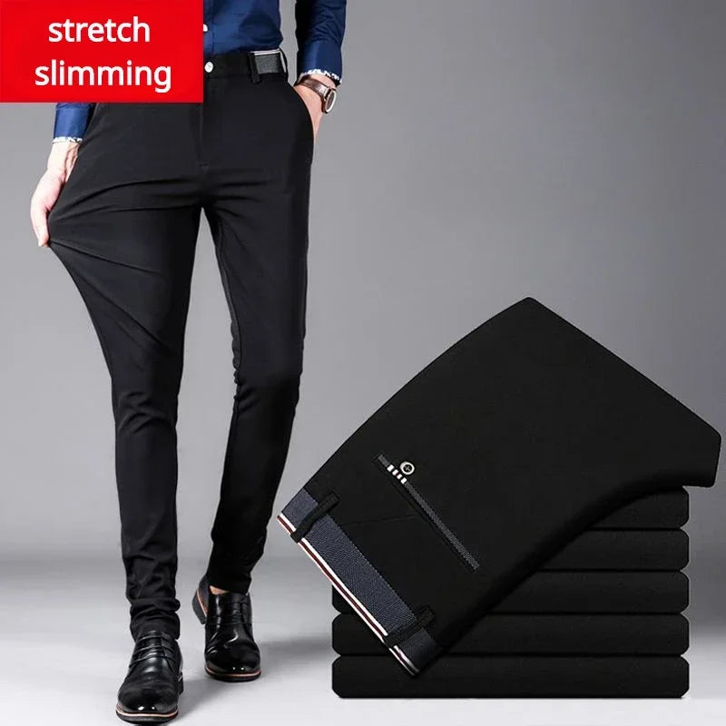 Men&#39;s Dress Pants Anti-Wrinkle High Elastic Slim Fit Casual Suit Pants Male Straight Slim Fit Formal Pencil Trousers Black Blue
