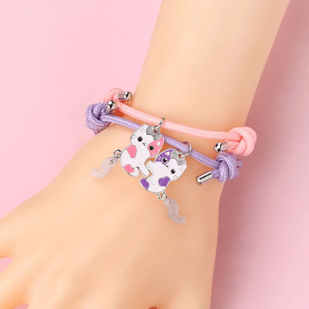 Luoluo&amp;baby 2Pcs/set Cartoon Magnet Cats Alloy Best Friend Bracelet BFF Friendship Jewelry Gifts for Kids