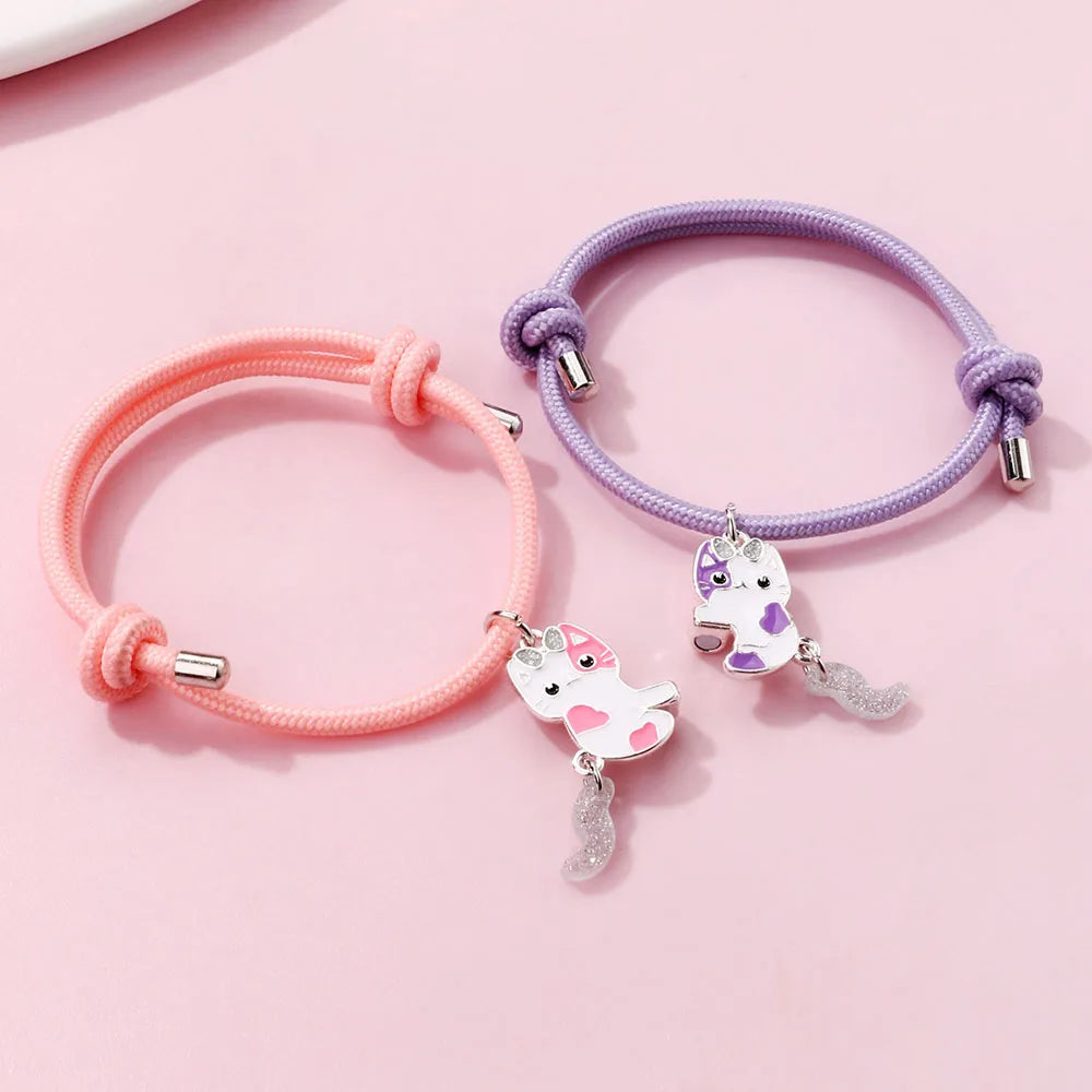 Luoluo&amp;baby 2Pcs/set Cartoon Magnet Cats Alloy Best Friend Bracelet BFF Friendship Jewelry Gifts for Kids