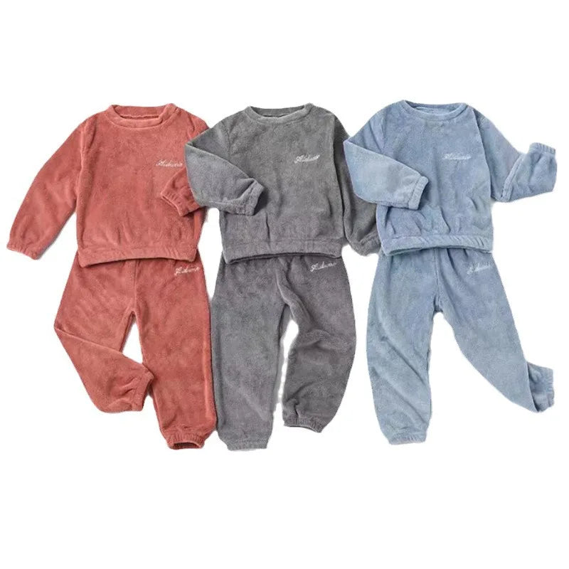 New Fall and Winter Children&#39;s Pajamas Coral Velvet Boys and Girls Thickened Warm Clothes Suit Parent-Child Home Wear Pajamas
