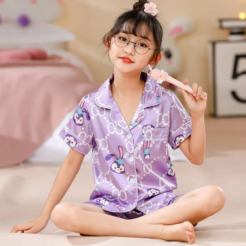 New Kids Pajama Girl Ice Silk Short Sleeve Cardigan Sweet Children&#39;s Clothing  Long Sleeve Tops Pants Sleepwear Pyjama Clothes