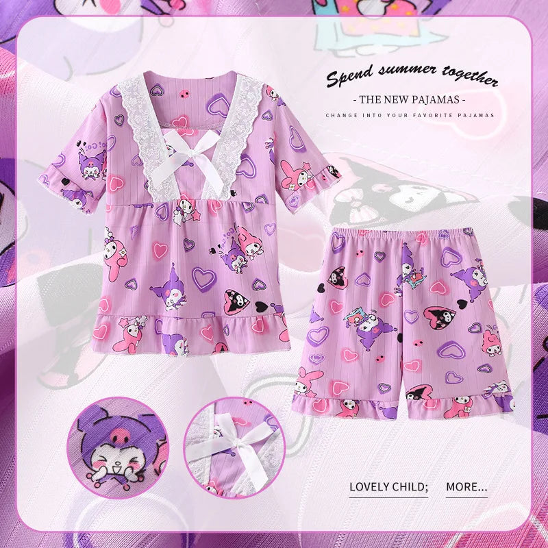 New Summer Children&#39;s Clothing Sets Sleepwear Girl LinaBell Short sleeved Pants Clothes Kids Lace Pajamas Set Baby Girls Pyjamas