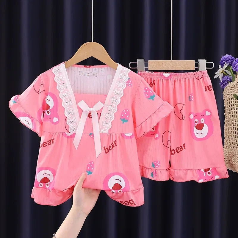 New Summer Children&#39;s Clothing Sets Sleepwear Girl LinaBell Short sleeved Pants Clothes Kids Lace Pajamas Set Baby Girls Pyjamas