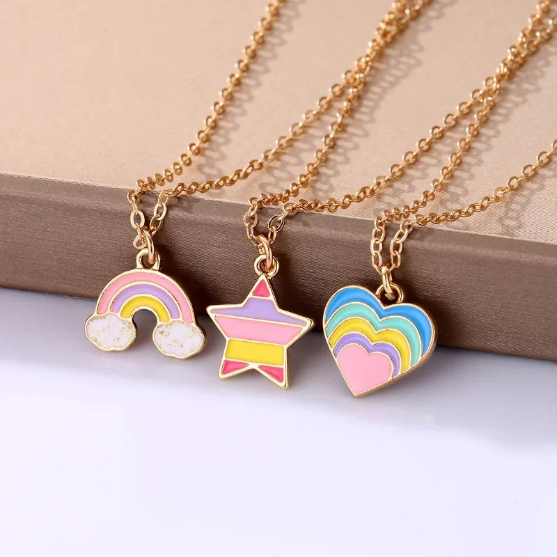 Lovecryst 3Pcs/set Rainbow Five-pointed Star Heart-shaped Alloy Best Friend Necklace for Kids Girls Fashion Friendship Gifts