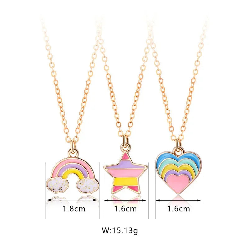 Lovecryst 3Pcs/set Rainbow Five-pointed Star Heart-shaped Alloy Best Friend Necklace for Kids Girls Fashion Friendship Gifts